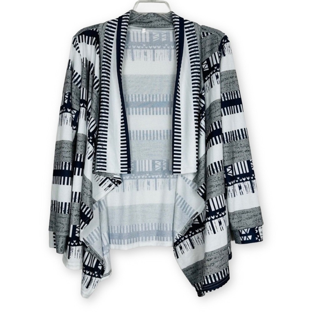 Womens Size L Large Cardigan Navy Gray White Geo Long Sleeve Open Front